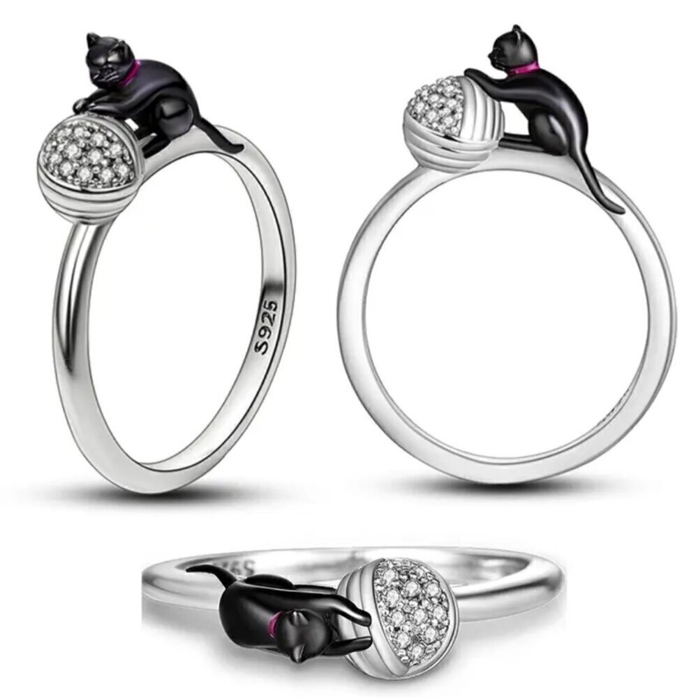 NWT Black Cat With Yarn Ring S925 Sterling Silver Stamped Sz.8 - Picture 8 of 10
